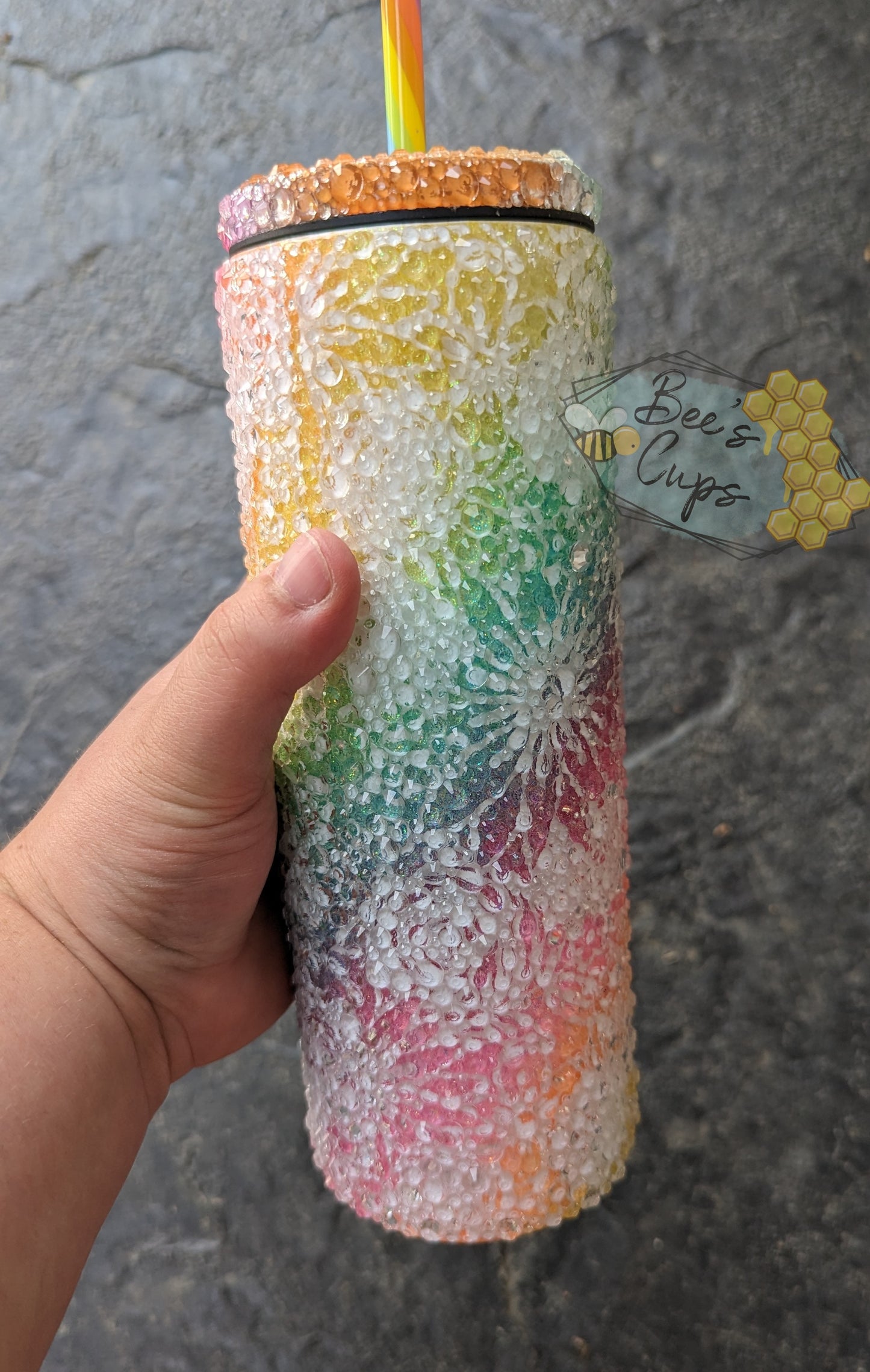 RTS Rainbow Floral Swirl 20oz Skinny Screw Top Rhinestone Tumbler