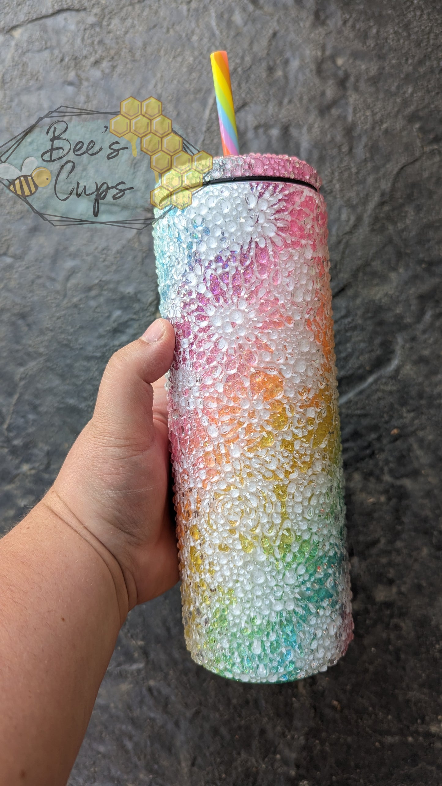 RTS Rainbow Floral Swirl 20oz Skinny Screw Top Rhinestone Tumbler