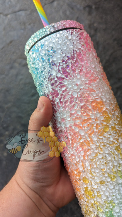 RTS Rainbow Floral Swirl 20oz Skinny Screw Top Rhinestone Tumbler