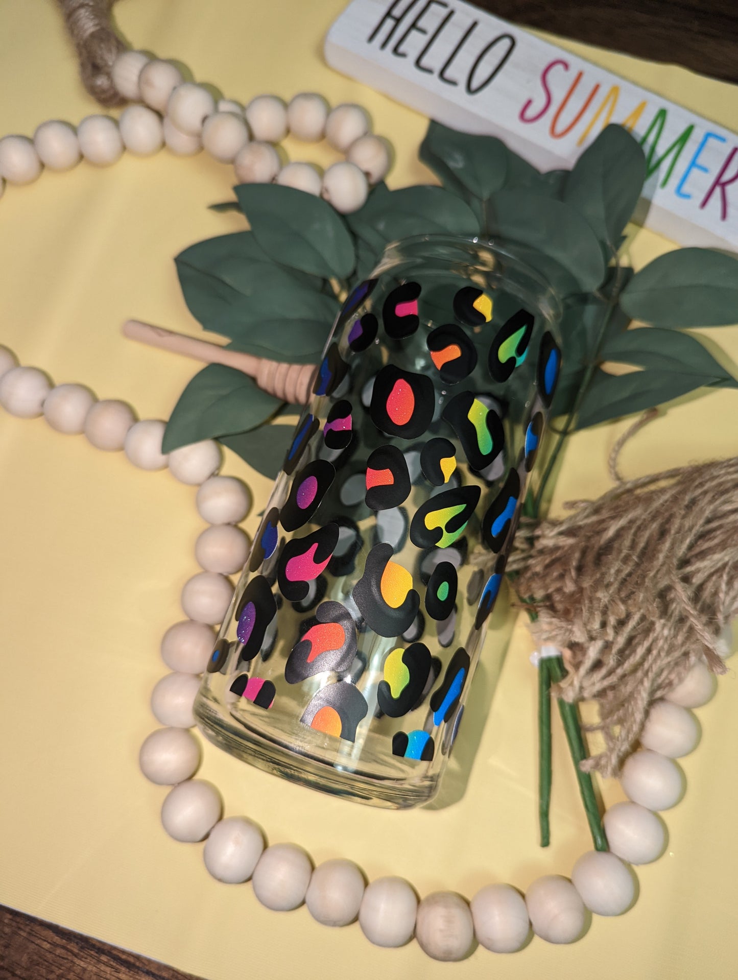 Rainbow Leopard 20oz Glass Can