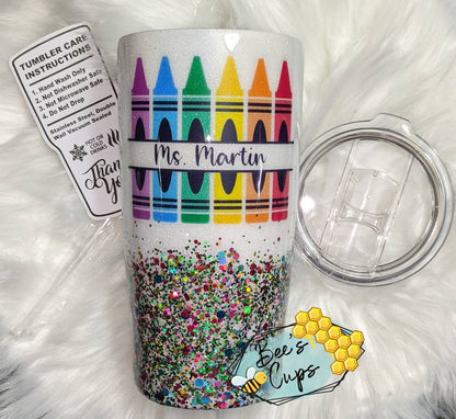 Crayon Colorful Ombre Teacher Tumbler | Back to School Tumbler | Crayon Glitter Tumbler | Custom Epoxy Tumbler | Glitter Teacher Tumbler
